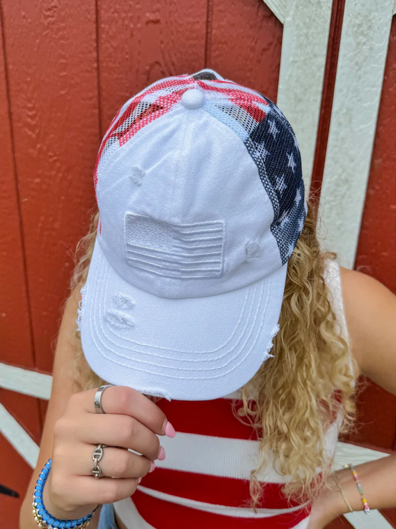 American Flag Criss Cross High Pony C.C. Ball Cap