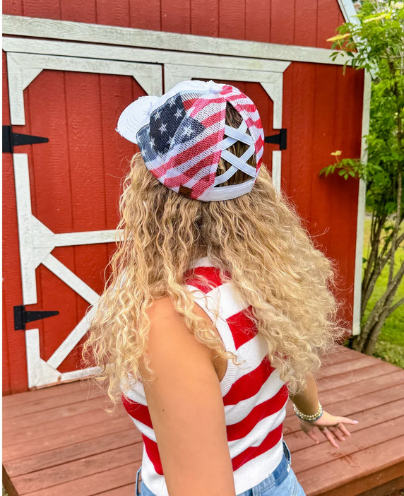 American Flag Criss Cross High Pony C.C. Ball Cap