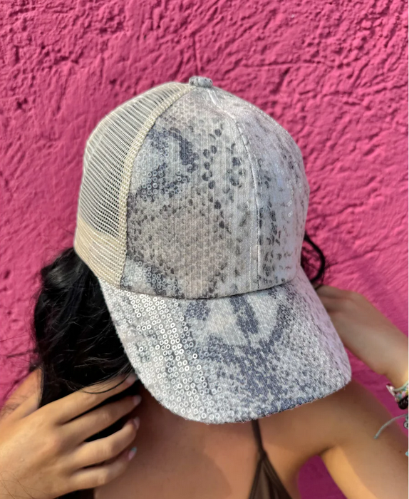 Clean Sequin Snake Pattern Criss Cross High Pony C.C. Ball Cap