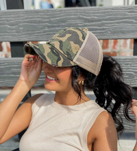 Distressed Camouflage Criss-Cross High Ponytail C.C. Ball Cap