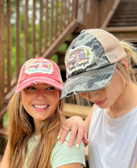 Embroidered Happy Camper Patch High Pony Criss Cross C.C. Ball Cap