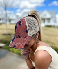 Embroidered Leaf Motif Jacquard Denim High Pony Criss Cross C.C. Ball Cap