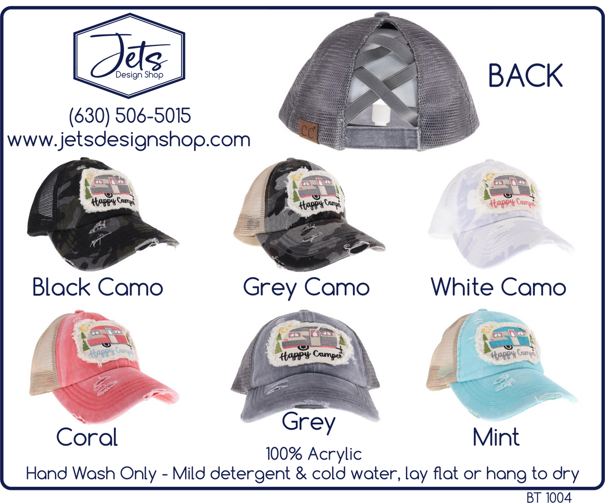 Embroidered Happy Camper Patch High Pony Criss Cross C.C. Ball Cap