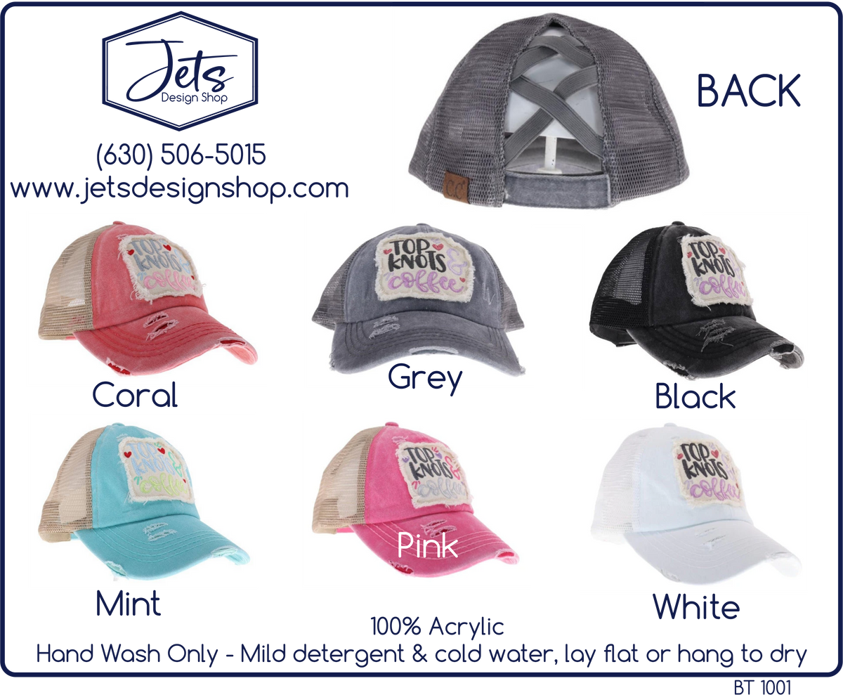 Embroidered Top Knots and Coffee Patch High Pony Criss Cross C.C. Ball Cap