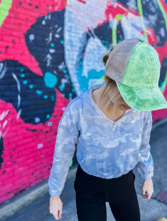 Stonewashed Denim Mesh Criss Cross High Pony C.C. Ball Cap