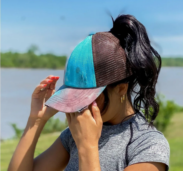 Tie Dye Criss-Cross Mesh High Ponytail C.C. Ball Cap